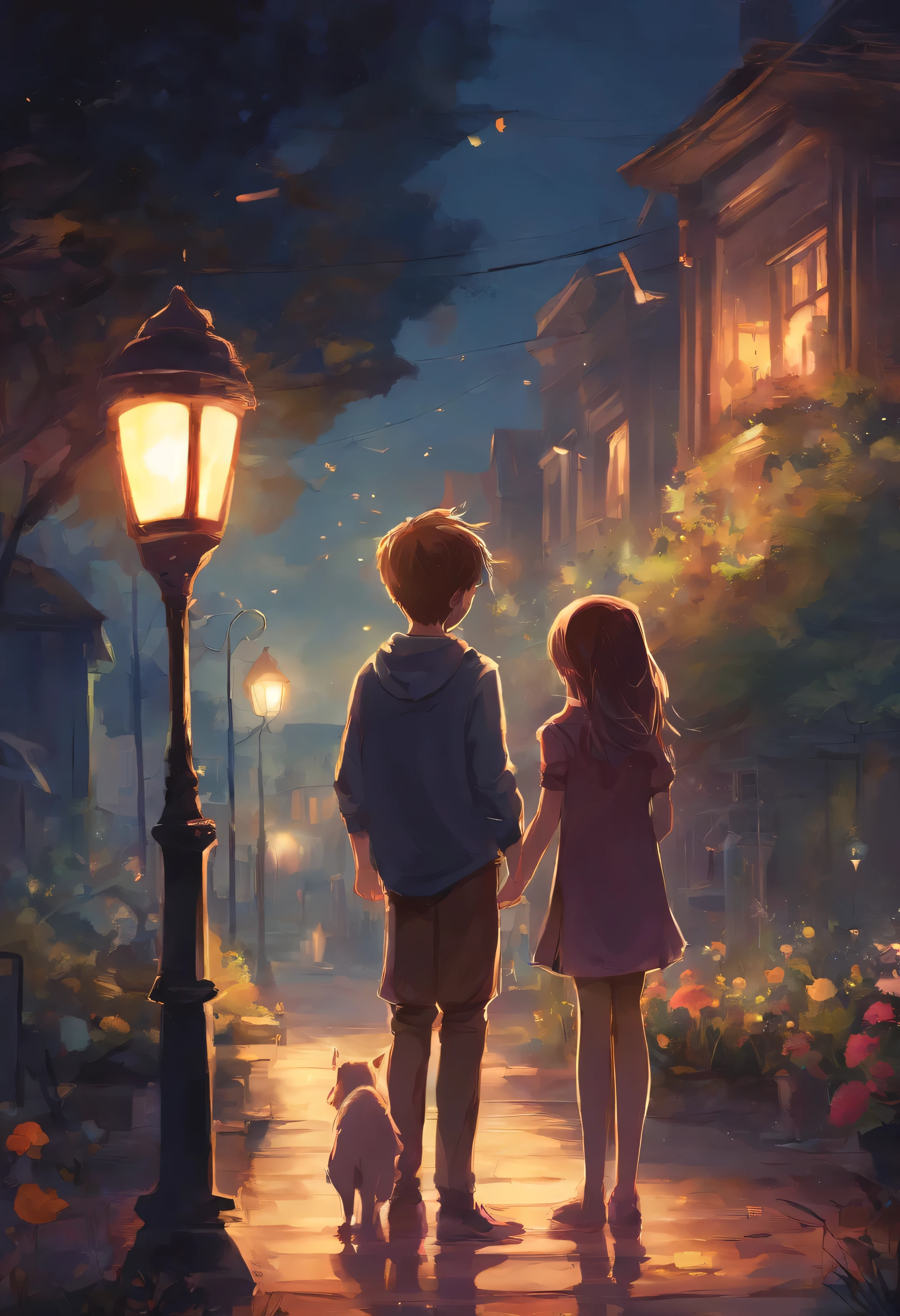 One boy and girls (couples), hand together, beautiful garden, evening, street light, attractive Background, puppies on street.