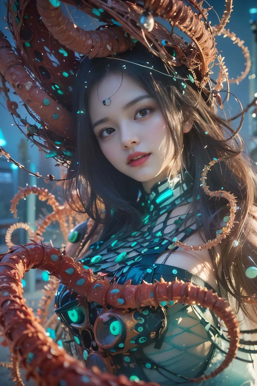 Detailed art in wickedly sexy colors, Portraiture, (beautiful and obscene female alien:1.4), (Vulgarity 1.7), (She has red eyes without pupils:1.8), (translucent blue skin:1.7), (There is a female-like organ in the middle of the forehead.:1.9), (The most beautiful face in the universe:1.2),A tempting evil gaze, (Big Mouth:1.1), (Sharp vampire teeth:1.2), Full body portrait, (Bioluminescence:1.5), (smile wickedly:1.3), (Sexy pose:1.5), alien, No humans, cells are fused, (Lots of translucent tentacles:1.3) Extraterrestrial, cell, Bioimage, best quality, 8k,In 4K_quality, High freshness, Dramatic lighting, Tabletop:1.5,cinematic quality, detail up, (Exquisite detail:1.2), High resolution, High freshness, Faithful depiction, (Thick eyebrows:1.2), Beautiful symmetrical eyes,(Highly detailed face and eyes:1.2), Intimate Face, (Super detailed skin quality feeling:1.4), Perfect Anatomy, (Beautiful and toned body:1.5), (Moisturized Skin:1.2), No makeup, (Bear:1.1), Long canines, Depiction of the film&#39;s characters, ultra high quality model, cinematic quality, detail up, (Exquisite detail:1.2), High resolution, High freshness, Faithful depiction, Official Art, Unity 8k Wall paper, best quality, Very High resolution, Highly detailed artistic photography, Midnight Aura, Unreal Engine 5, Super sharp focus, art by Amano Yoshitaka, ArtJam, Reusch, Exquisite Work of Art, best quality, masterpiece, ultra High resolution, (Photo Real:1.4), Surreal Realism, dream-like, Nautilus, Creating fantasy, snails, Dream snails, (biopunk Nautilus:1.3),Thrilling color scheme, Surreal Realism, A seductive smile, Blue Tentacles, A surprising mutation, well-proportioned body, Deep Sea Goddess