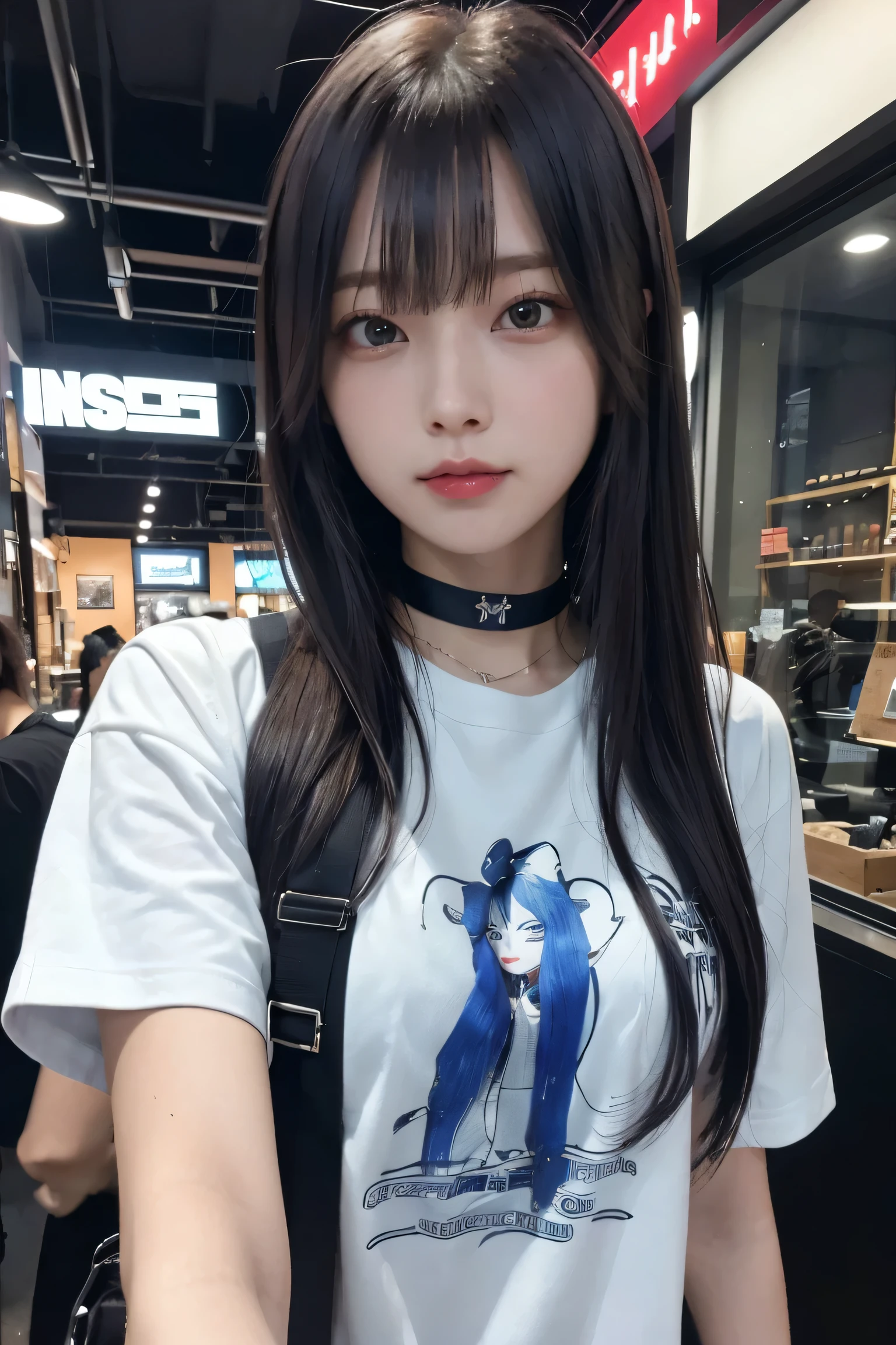 (Better Quality, masterpiece:1.2) | Fine grain:1.2 1 Female ,sorindo (Dynamic English, throw, face, Long Hair,gun shop) choker, shirt, Open sweatshirt, finely, masterpiece, Cyberpunk style clothing、Korean Idol、beautiful girl