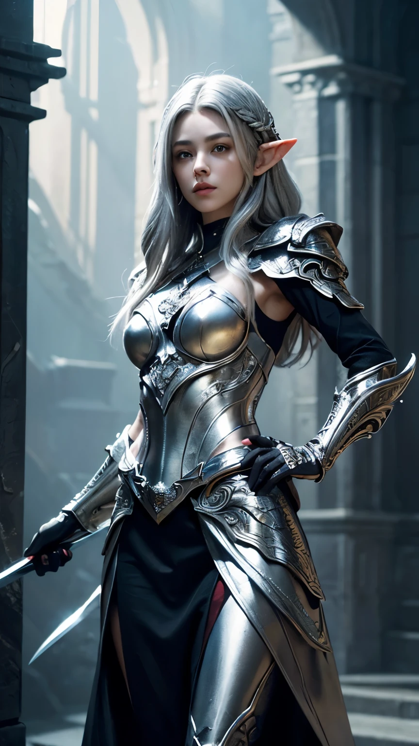 A beautiful painting of the perfect female elven warrior, Shapeless long hair, Perfect functionality, (Wearing ornate silver elven armor), Abstract Beauty, Near perfect, Pure Form, Dynamic pose, Fantastic Background, (Deep dark shadows), (Powerful Cinema Lighting), (Backlight), Greg Rutkowski、(((Silver Hair))), Intricate details, 8K Post-Production, High resolution, Super Detail, Trending on Artstation, Sharp focus, Depth of written interface f/1.8, Studio Photo, (((looking at the camera)))、long hair、((Mature Woman))、((muscle))、Big Sword