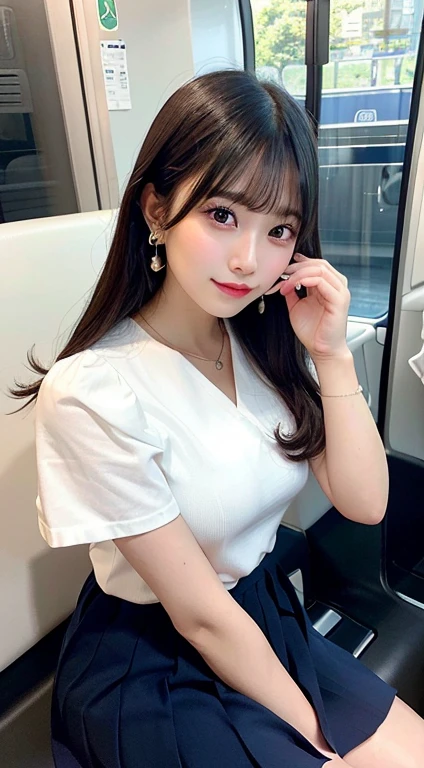 8K Original Photo、high resolution、Breast augmentation、Abdominal muscles、Rib、Dark-haired、22-year-old Japanese beauty、Round Face、The lips are small、Round large、valley、Every detail of the eyes is beautifully drawn、Long eyelashes、Beautiful double eyelids、Three white eyes、Duckbill、Bangs、Bowl Cut、earrings、necklace、Random facial expressions、White dress shirt, Upper Body,, (Navy blue pleated skirt:1.1), Thighs Thighs Thighs Thighs, Short sleeve, on the train, Sitting on a bench, (Dark red tie:1.1)、Quick way