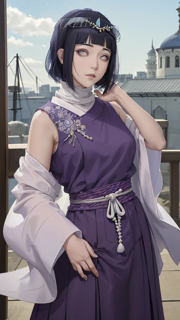 (masterpiece, top quality, best quality, official art, beautiful and aesthetic: 1.2), (1girl), (depicted as Hyuga Hinata from the anime Naruto), (long dark blue hair, cascading down her shoulders), (styled with white eyes, distinctive of her Byakugan heritage), (beautiful, with expressive features and captivating charm), (clad in purple clothes, traditional to Muslim attire), (wearing a mukena, intricately designed and flowing), (head adorned with a hijab, adding a layer of cultural authenticity), (set against a serene mosque background), (ultra-detailed, every fiber
