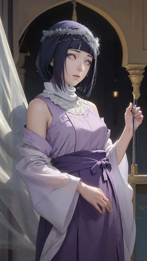 (masterpiece, top quality, best quality, official art, beautiful and aesthetic: 1.2), (1girl), (depicted as Hyuga Hinata from the anime Naruto), (long dark blue hair, cascading down her shoulders), (styled with white eyes, distinctive of her Byakugan heritage), (beautiful, with expressive features and captivating charm), (clad in purple clothes, traditional to Muslim attire), (wearing a mukena, intricately designed and flowing), (head adorned with a hijab, adding a layer of cultural authenticity), (set against a serene mosque background), (ultra-detailed, every fiber