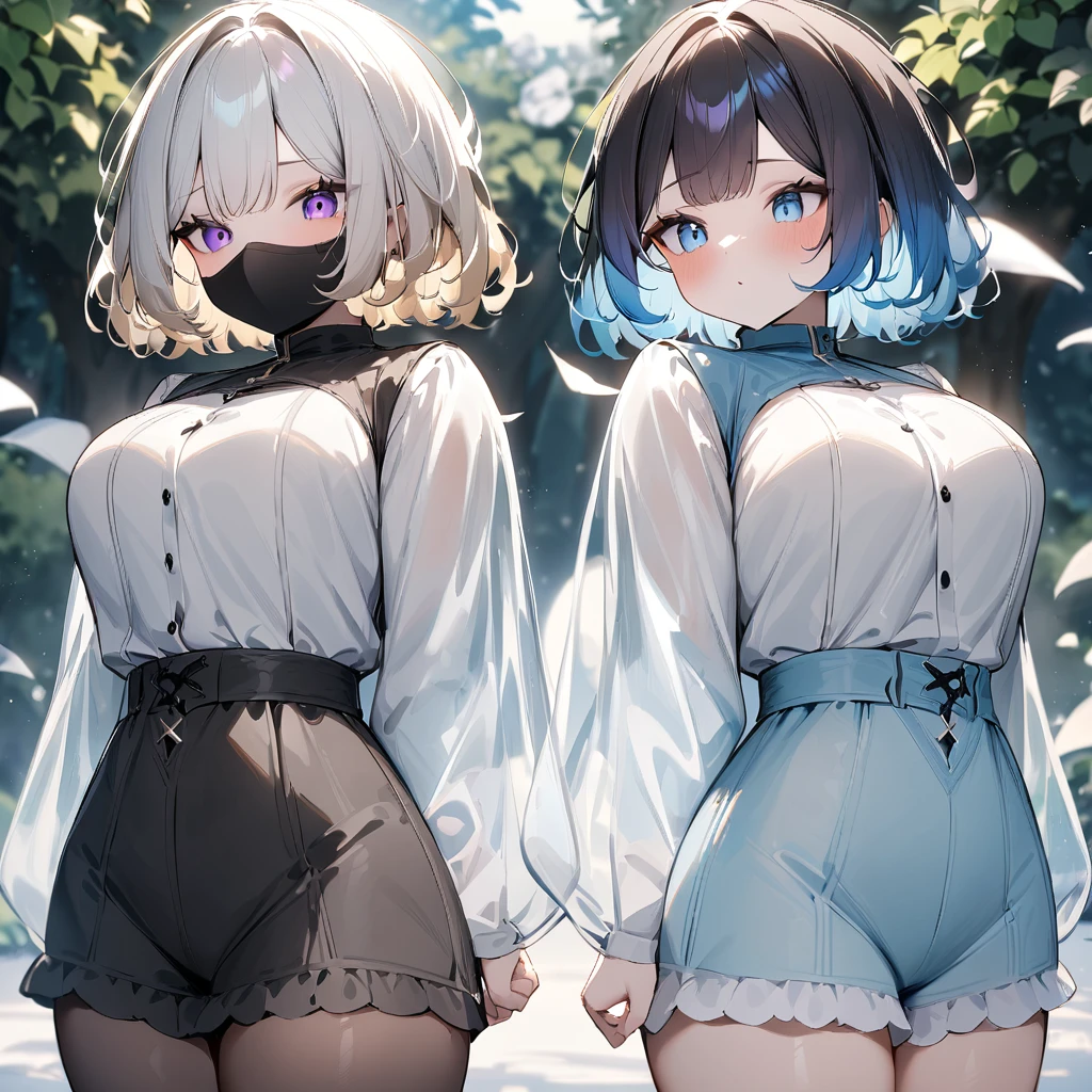 {{2girls}},masterpiece,best quality,very aesthetic,absurdres,cowboy shot,lightcolor,darkcolor,light hair,dark hair,White hair,light  blue hair,light  blue eyes,Lovely,🏩,translucent hair,dark purple eyes,big body,headless
