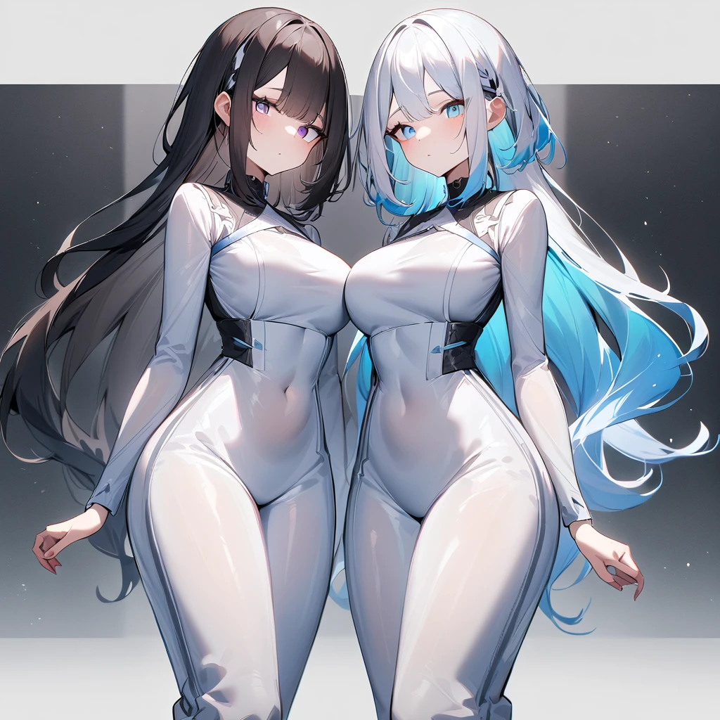{{2girls}},masterpiece,best quality,very aesthetic,absurdres,cowboy shot,lightcolor,darkcolor,light hair,dark hair,White hair,light blue hair,light blue eyes,Lovely,🏩,translucent hair,dark purple eyes,big body,headless