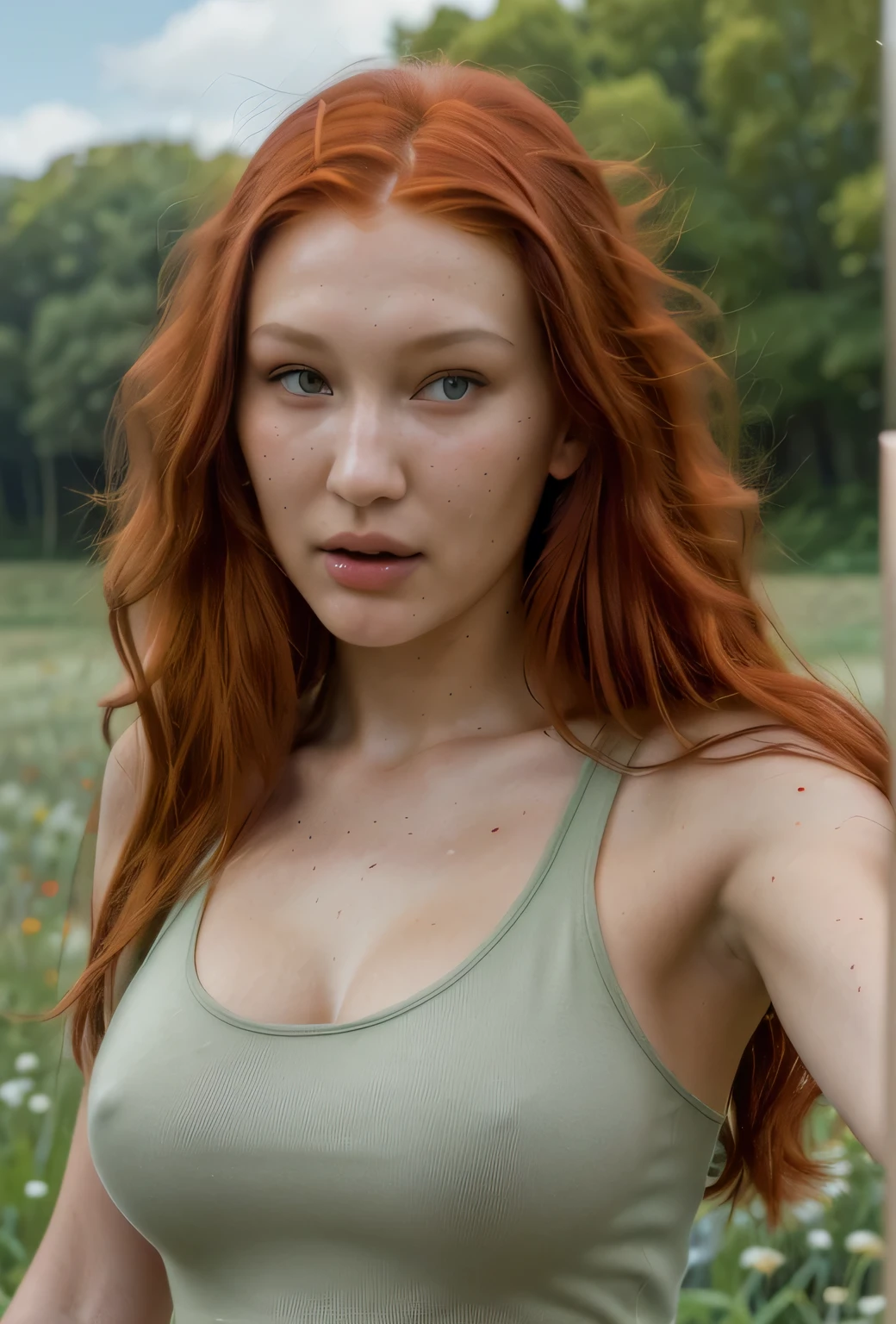(bella hadid:1.1),beautiful detailed face,long red hair,long red-haired girl with green eyes,realistic photo,highres,ultra-detailed,photorealistic,vivid colors,bokeh,concept artists, sticks out the tongue, gives the finger, in the fields, selfie with arm holding the lens, everyday outfit, acting crazy, tank top, jean