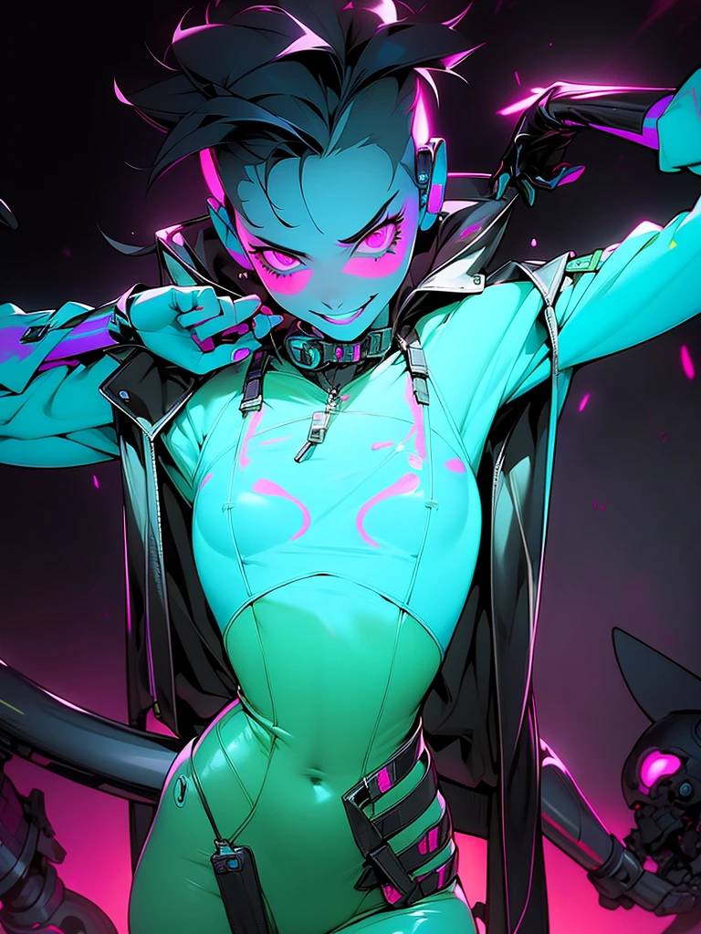 perfil de lado, a Androgynous in a green detalhes neon, Nijiexpressive_VI, hoodie standing ( ( bit flip | god of ai art ) ), beautiful smile mad! android woman, by Ram baleia orca alien, Androgynous character humana, cheio de armas, exoesqueleto cinza, detalhes neon, neon black smoke, naves pequenas ao redor, featured on amiami, trending on artstaion, cd jacket, horrific yet beautiful vibe, sligengine, artstatiom, inspired by Tokyo Ghoul, Niji_smile: 1> formato da imagem 3:4