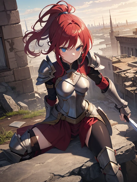 (8k, highest quality, Tabletop:1.2)、Ultra-high resolution, Baroque, Expressionism, One 16-year-old girl, Perfect Fingers, Detailed face, Serious face, blue eyes, Red hair, ponytail,Silver armor, Gauntlet, Iron Leg Guards, In the ruined city, The dust rises, dim, carry a sword on one&#39;s waist, Stand with your hands on your hips