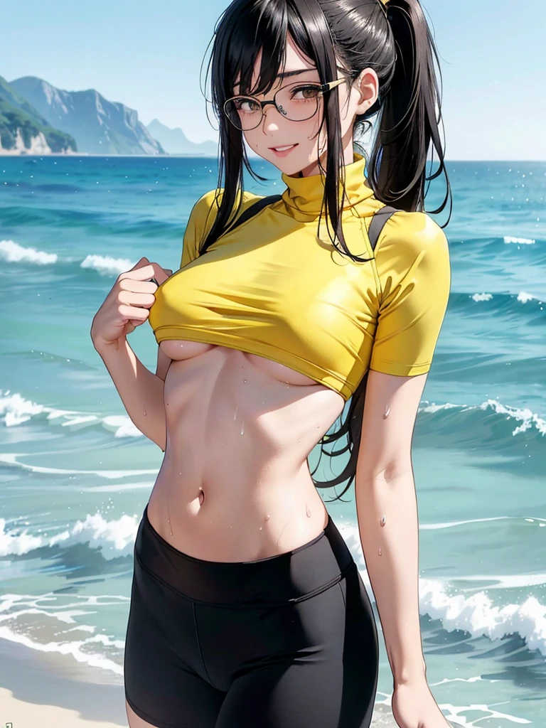 (Jogging by the sea 1.5), 1 beautiful girl, , high detail face, long hair in a ponytail,,,, bangs, ((eyeglasses)), Naughty smile, small breast, slim waist, small breast, slim waist, small hips, small thights, The stomach has sexy lines......., thights, Sweat, body dripping wet

((Turtleneck tight sports bra, tight sports shorts, (Yellow and black clothes))),(((underboob))),((wet clothes)),

((Running posture)), center,scale to fit the dimensions,rule of third, scenery:1.25,

anime, highres, crisp focus, (ultra-detail, Very detailed), Unity 8k Wallpaper),((Synthwave background theme)),(((vibrant colours))),(intricate background),(masterpiece),(bestquality),