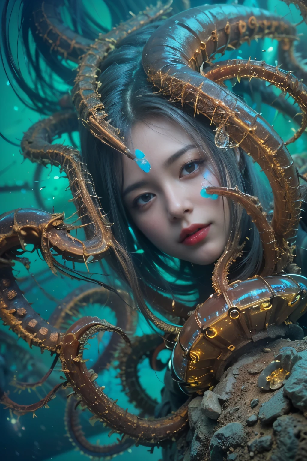 Detailed art in wickedly sexy colors, Portraiture, (beautiful and obscene female alien:1.4), (Vulgarity 1.7), (She has red eyes without pupils:1.8), (translucent blue skin:1.7), (There is a female-like organ in the middle of the forehead.:1.9), (The most beautiful face in the universe:1.2),A tempting evil gaze, (Big Mouth:1.1), (Sharp vampire teeth:1.2), Full body portrait, (Bioluminescence:1.5), (smile wickedly:1.3), (Sexy pose:1.5), alien, No humans, cells are fused, (Lots of translucent tentacles:1.3) Extraterrestrial, cell, Bioimage, best quality, 8k,In 4K_quality, High freshness, Dramatic lighting, Tabletop:1.5,cinematic quality, detail up, (Exquisite detail:1.2), High resolution, High freshness, Faithful depiction, (Thick eyebrows:1.2), Beautiful symmetrical eyes,(Highly detailed face and eyes:1.2), Intimate Face, (Super detailed skin quality feeling:1.4), Perfect Anatomy, (Beautiful and toned body:1.5), (Moisturized Skin:1.2), No makeup, (Bear:1.1), Long canines, Depiction of the film's characters, ultra high quality model, cinematic quality, detail up, (Exquisite detail:1.2), High resolution, High freshness, Faithful depiction, Official Art, Unity 8k Wall paper, best quality, Very High resolution, Highly detailed artistic photography, Midnight Aura, Unreal Engine 5, Super sharp focus, art by Amano Yoshitaka, ArtJam, Reusch, Exquisite Work of Art, best quality, masterpiece, ultra High resolution, (Photo Real:1.4), Surreal Realism, dream-like, Nautilus, Creating fantasy, snails, Dream snails, (biopunk Nautilus:1.3),Thrilling color scheme, Surreal Realism, A seductive smile, Blue Tentacles, A surprising mutation, well-proportioned body, Deep Sea Goddess