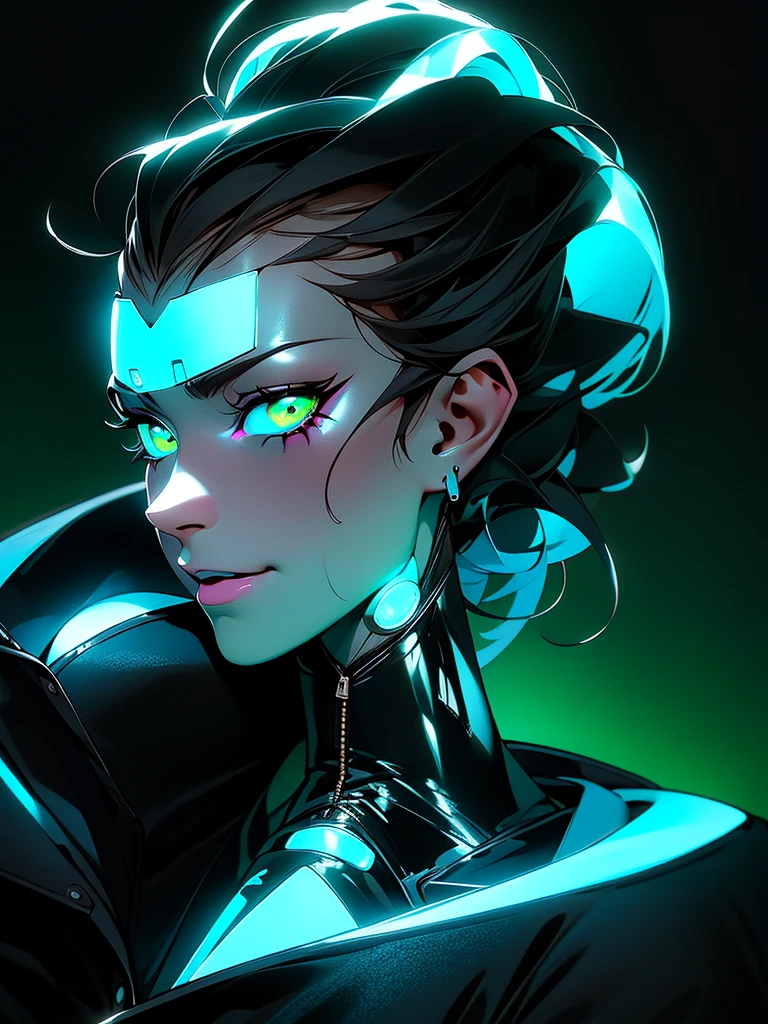 perfil de lado, a Androgynous in a green detalhes neon, Nijiexpressive_VI, hoodie standing ( ( bit flip | god of ai art ) ), beautiful smile mad! android woman, by Ram baleia orca alien, Androgynous character humana, cheio de armas, exoesqueleto cinza, detalhes neon, neon black smoke, naves pequenas ao redor, featured on amiami, trending on artstaion, cd jacket, horrific yet beautiful vibe, sligengine, artstatiom, inspired by Tokyo Ghoul, Niji_smile: 1> formato da imagem 3:4