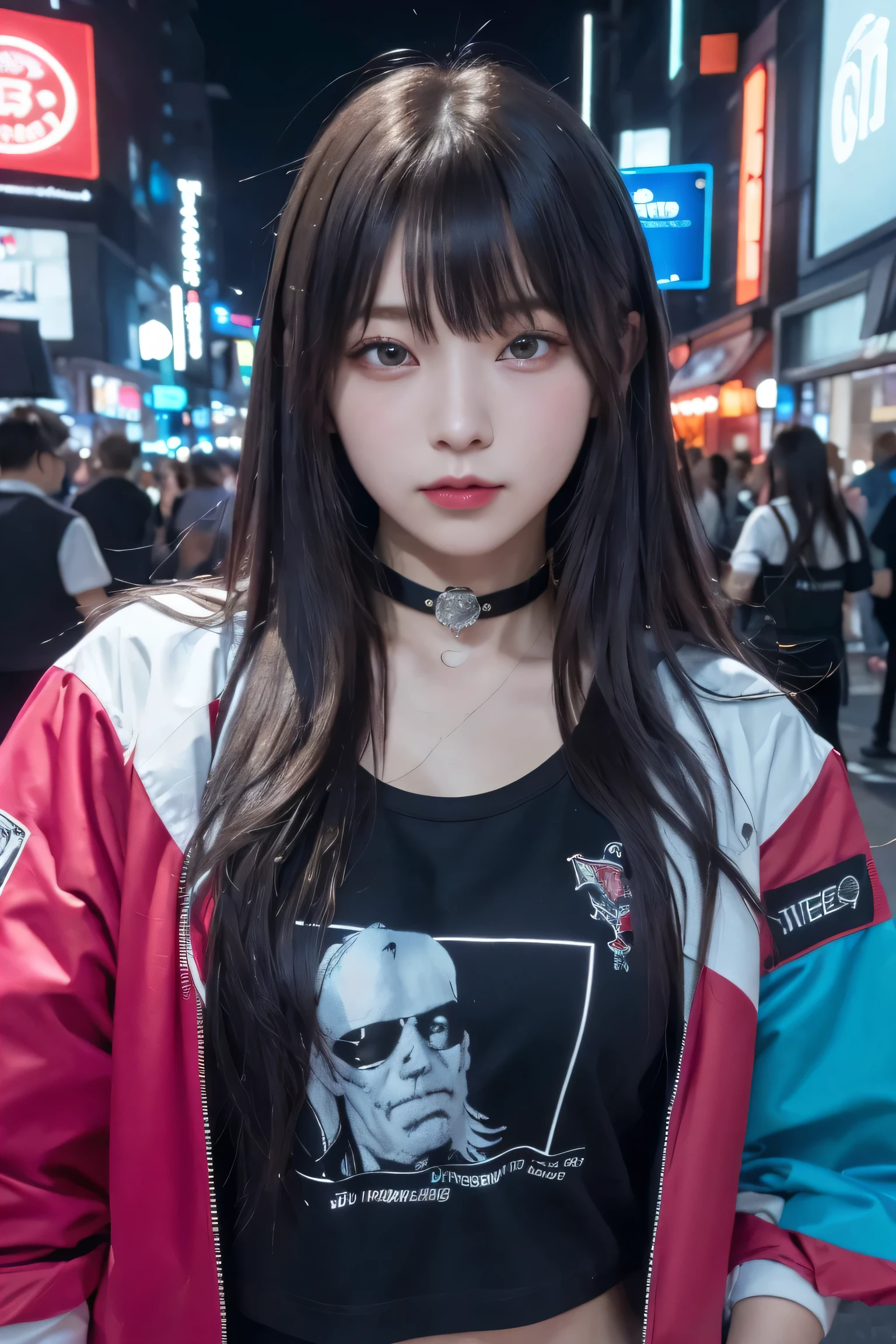 (Better Quality, masterpiece:1.2) | Fine grain:1.2 1 Female ,sorindo (Dynamic English, throw, face, Long Hair,gun shop) choker, shirt, Open sweatshirt, finely, masterpiece, Cyberpunk style clothing、Korean Idol、beautiful girl