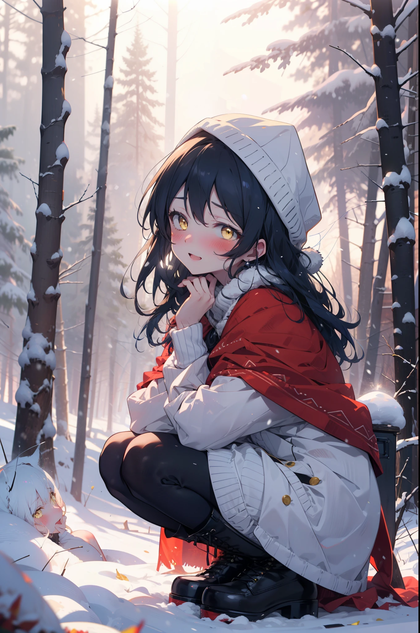 You are very kind, umi sonoda, Long Hair, Blue Hair, (Yellow Eyes:1.5) (Flat Chest:1.2),smile,blush,White Breath,
Open your mouth,snow,Ground bonfire, Outdoor, boots, snowing, From the side, wood, suitcase, Cape, Blurred, Increase your meals, forest, White handbag, nature,  Squat, Mouth closed, フードed Cape, winter, Written boundary depth, Black shoes, red Cape break looking at viewer, Upper Body, whole body, break Outdoor, forest, nature, break (masterpiece:1.2), highest quality, High resolution, unity 8k wallpaper, (shape:0.8), (Beautiful and beautiful eyes:1.6), Highly detailed face, Perfect lighting, Extremely detailed CG, (Perfect hands, Perfect Anatomy),