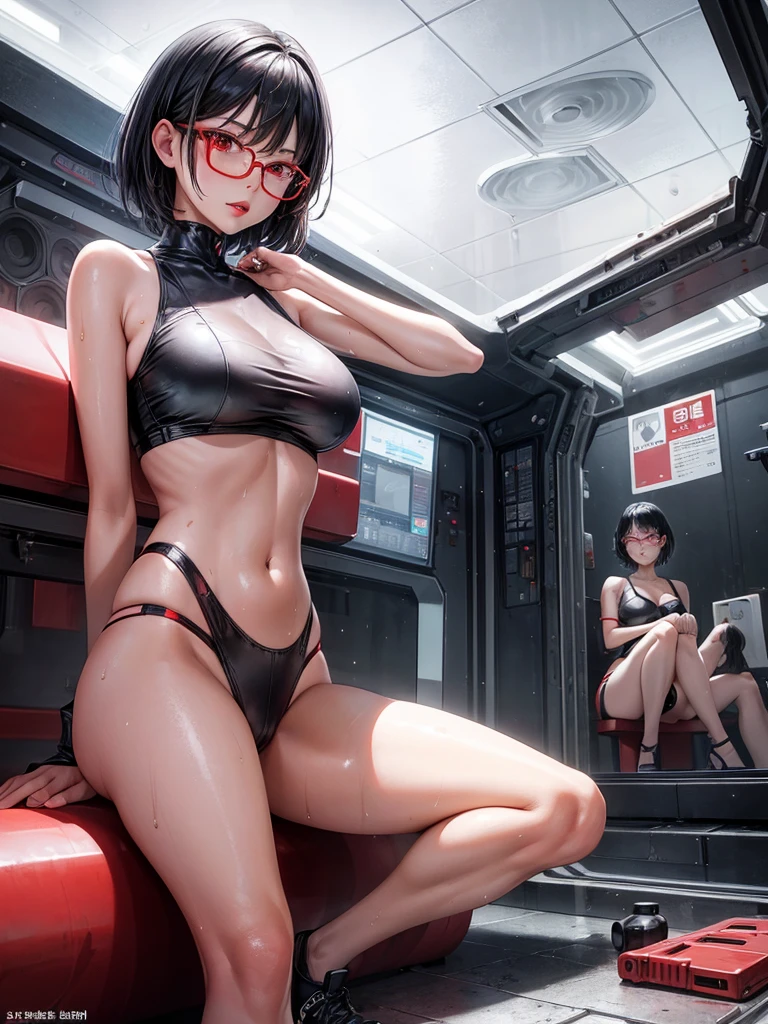 Beautiful girl,Korea, sitting on magma, futuristic,
18 years old,Short hair, shoulder length,black hair, big breasts,wet, sweat, camel toe, red lips ,Wear glasses,
White underwear, sexy pose,
red eyes, Behind the scenes of the high-tech world, Squat and spread your legs.,