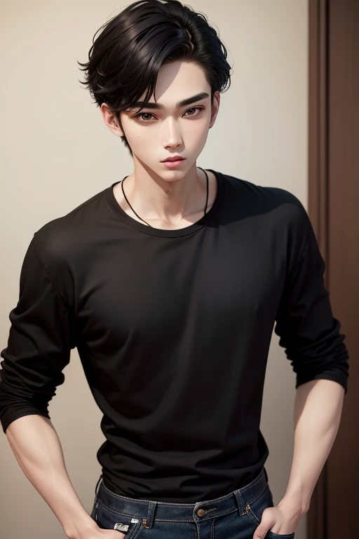 Masterpiece high quality high details realistic face ultra realistic face thin face boy with tall height and thin figure wearing black casual shirt with black jeans with korean hairstyle
