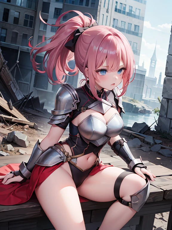 (8k, highest quality, Tabletop:1.2)、Ultra-high resolution, Fantasy world view, One -yeld gi Perfect Fingers, Detailed face, Serious face, blue eyes, Red hair, ponytail,Silver armor, Gauntlet, Iron Leg Guards, In the ruined city, The dust rises, dim, carry a sword on one&#39;s waist, Stand with your hands on your hips