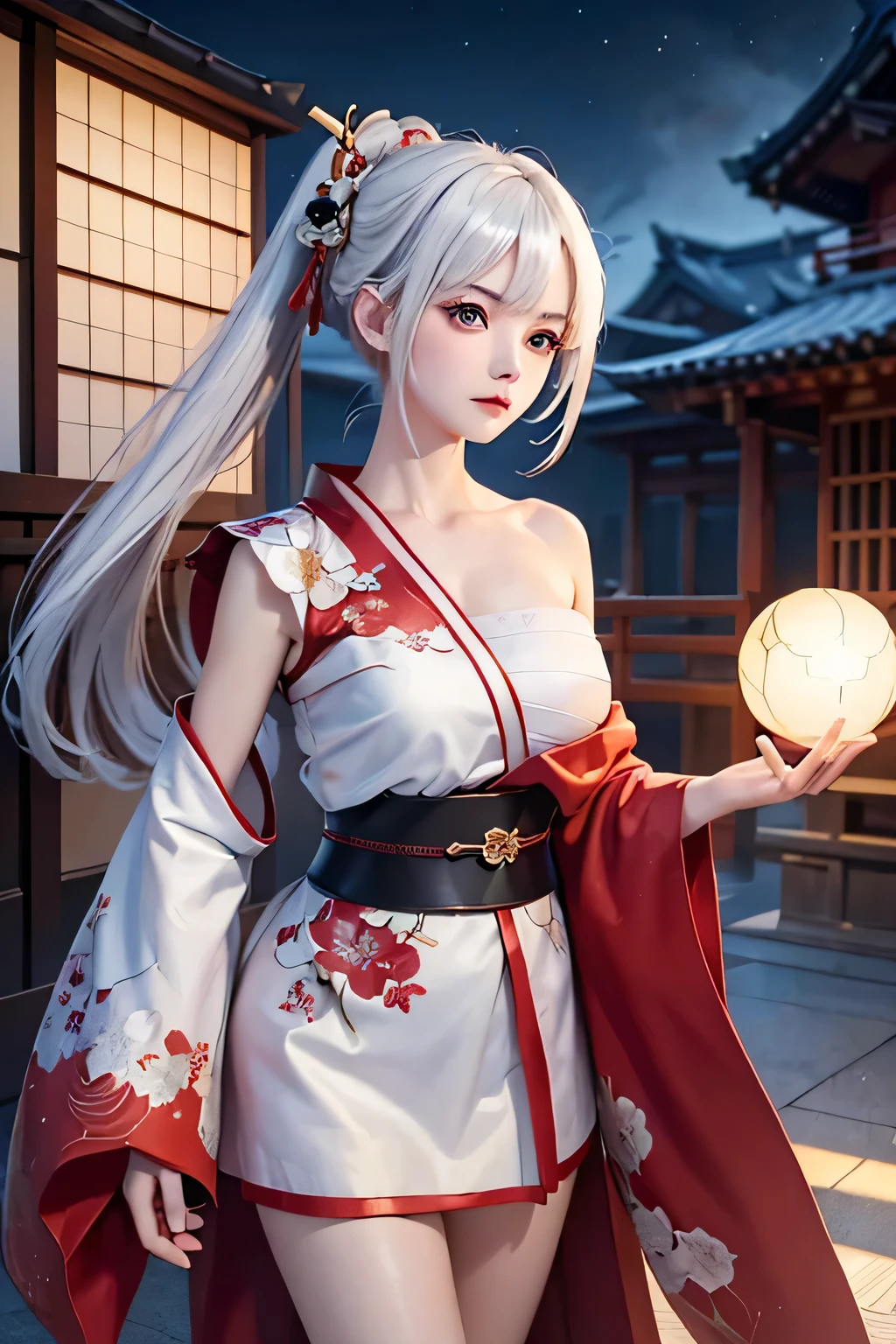 (masterpiece, best quality, dutch angle)(1girl, solo)(white hair, red eyes)(sarashi,japanese clothes,one shoulder、Wear one kimono、One shoulder exposed)(Serious expression, Holding a sword、floating hair)(In front of the samurai residence、Mystical Night、Grains of Light、Space for fantasy)
