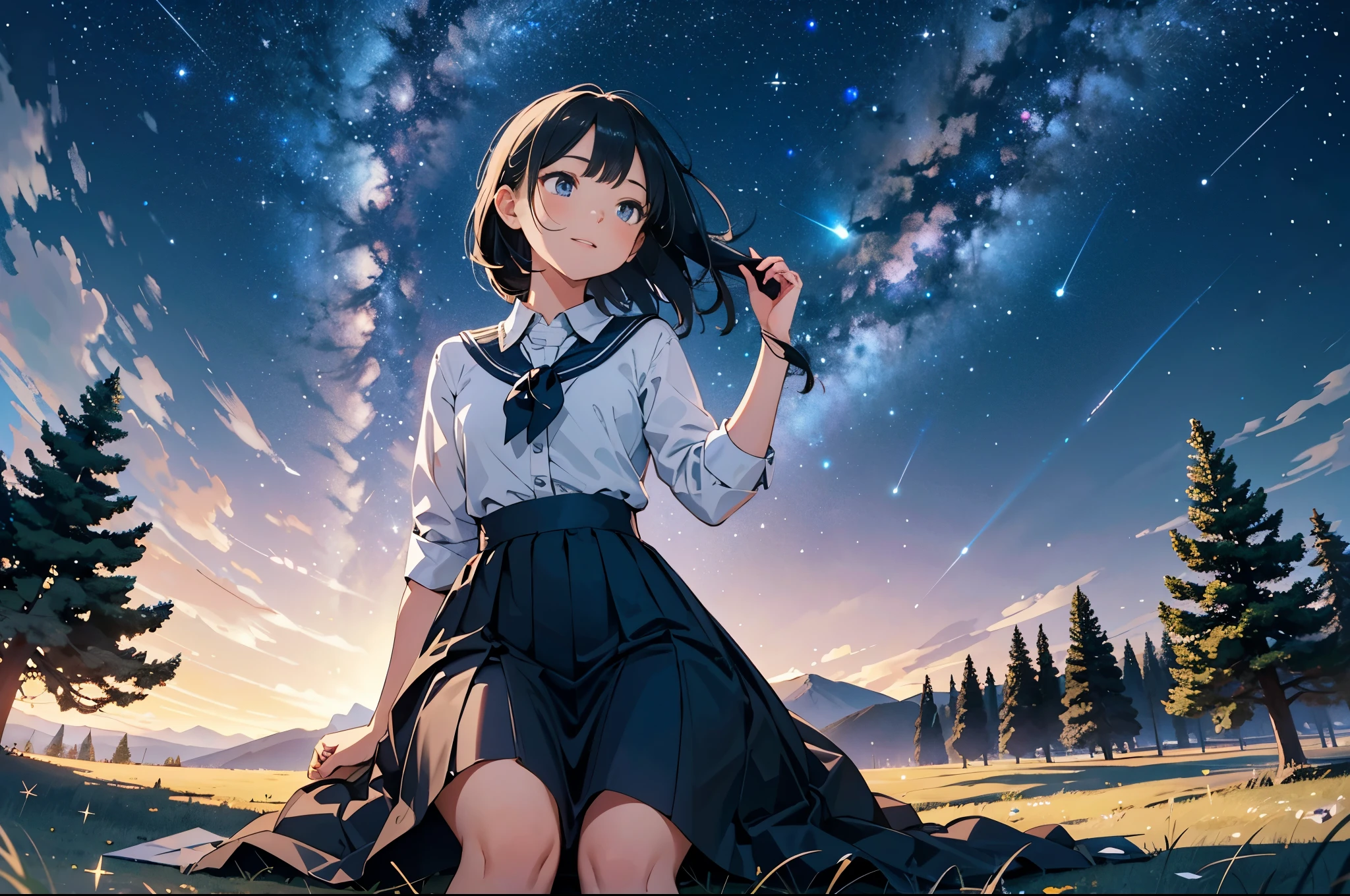 ((Detailed depiction of the face)),rounded corners, UHD, retina, high details, best quality, highres, 4K,A young girl sits on the grassy plain at night, placing her hands on the ground and gazing upward. The surroundings are shrouded in darkness, while a sky full of shimmering stars stretches out above her. The stars emit a brilliant glow, and a meteor shower paints a trail of beautiful lights across the night sky. Countless shooting stars dance through the heavens, captivating the girl’s attention. She is filled with a quiet joy and a sense of awe, as if she is touching the wonders of the universe. The serene meadow grants her a sense of peace and a magical energy, while the brilliance of the night sky envelops her soul.