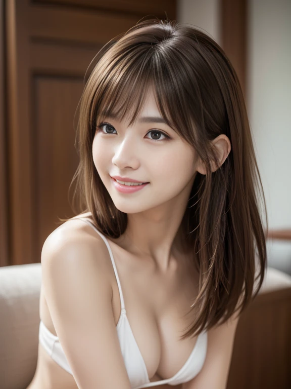 masterpiece, highest quality, Super detailed, 複雑に詳細なSuper detailed, Realistic, Sharp features, Very detailed, Sharp focus, Perfect Face, Perfect Face, Perfect symmetrical perfect eyes, Perfect Plump Lips, Flexible female form, Cinematic, Film Light, Super detailed, hyper Realistic, High resolution, (smile), (Happy), Light brown hair, Asymmetrical Hair, Asymmetrical bangs, Messy Hair, Attractive pose, skinny Idol Sculpture, Idol Sculpture, whole body, (No clothes),Sitting with legs apart, Natural light, 