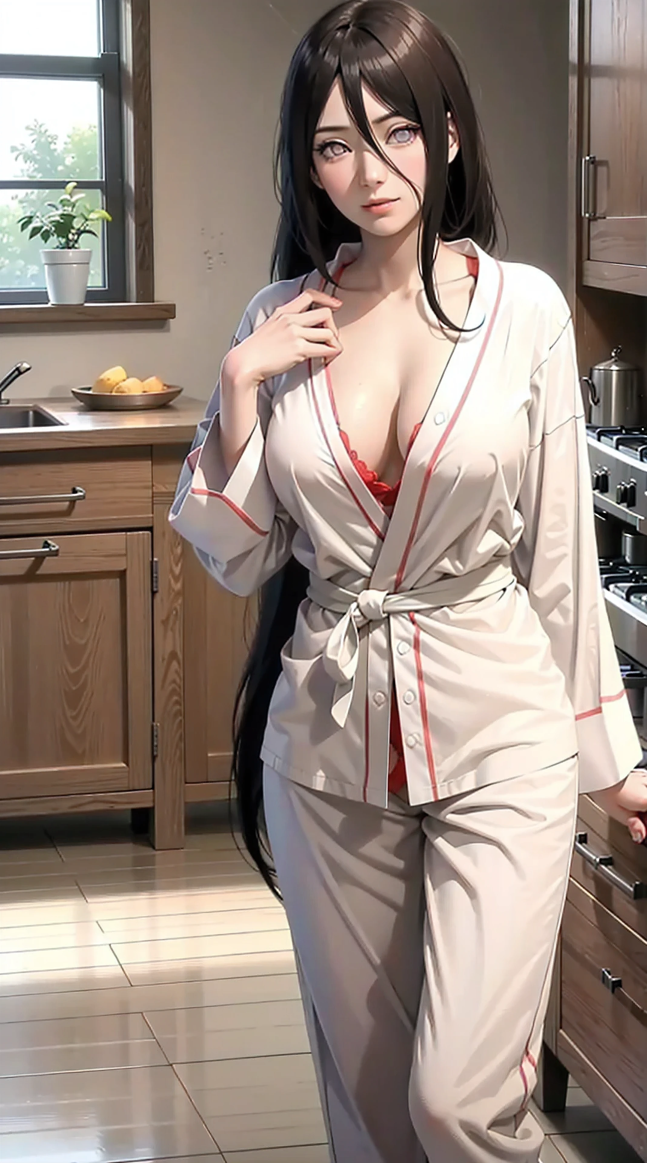 hyuuga hanabi, long hair tied low, hair band, hana purple eyes, beautiful, beautiful woman, perfect body, (((thick thighs))), perfect breasts, wearing white pajamas, pajamas, sleepwear, in the kitchen, clear kitchen, looking at the audience, a slight smile, realism, masterpiece , textured leather, super detail, high detail, high quality, best quality, 1080p, 16k