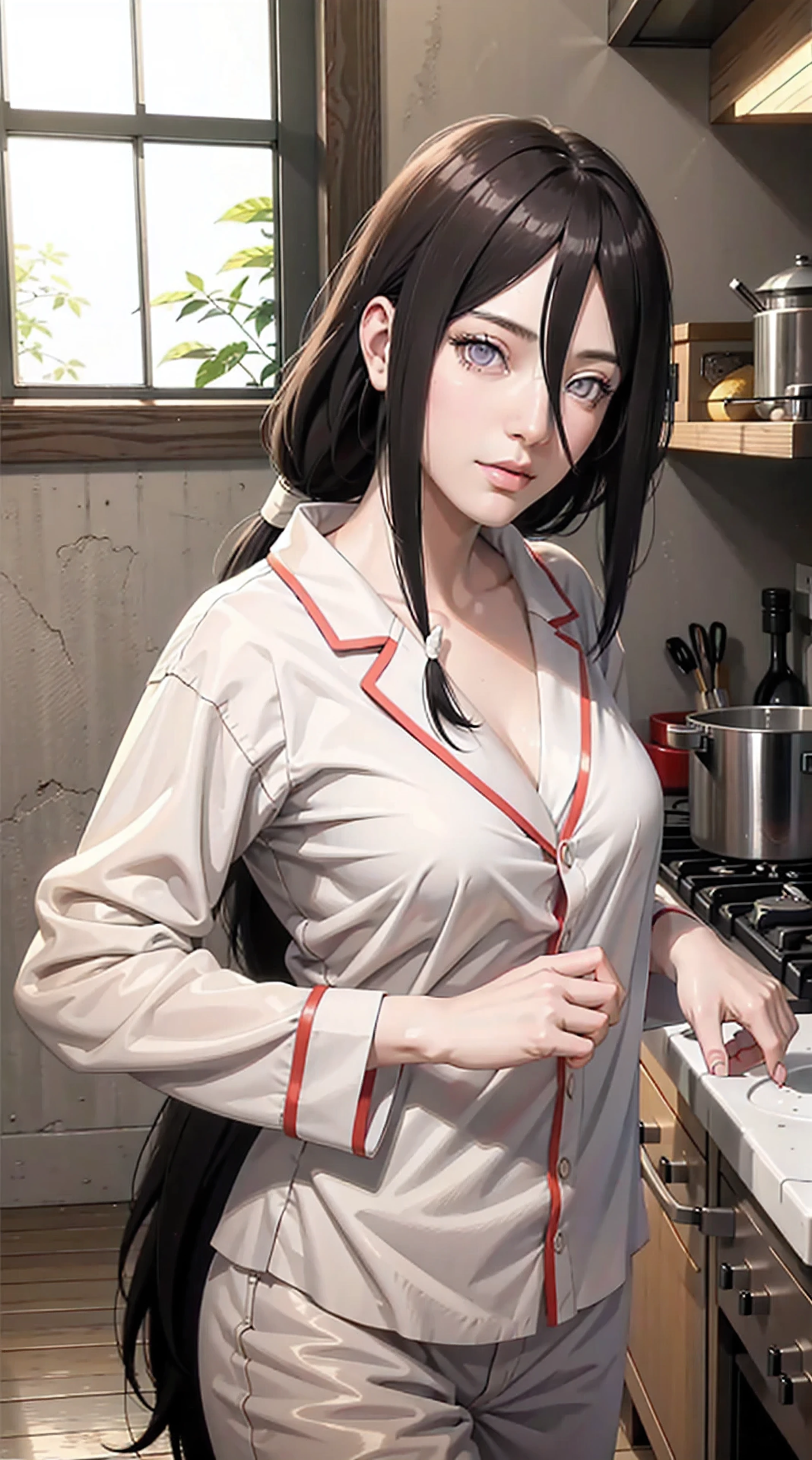 hyuuga hanabi, long hair tied low, hair band, hana purple eyes, beautiful, beautiful woman, perfect body, perfect breasts, wearing white pajamas, pajamas, sleepwear, in the kitchen, clear kitchen, looking at the audience, a slight smile, realism, masterpiece , textured leather, super detail, high detail, high quality, best quality, 1080p, 16k