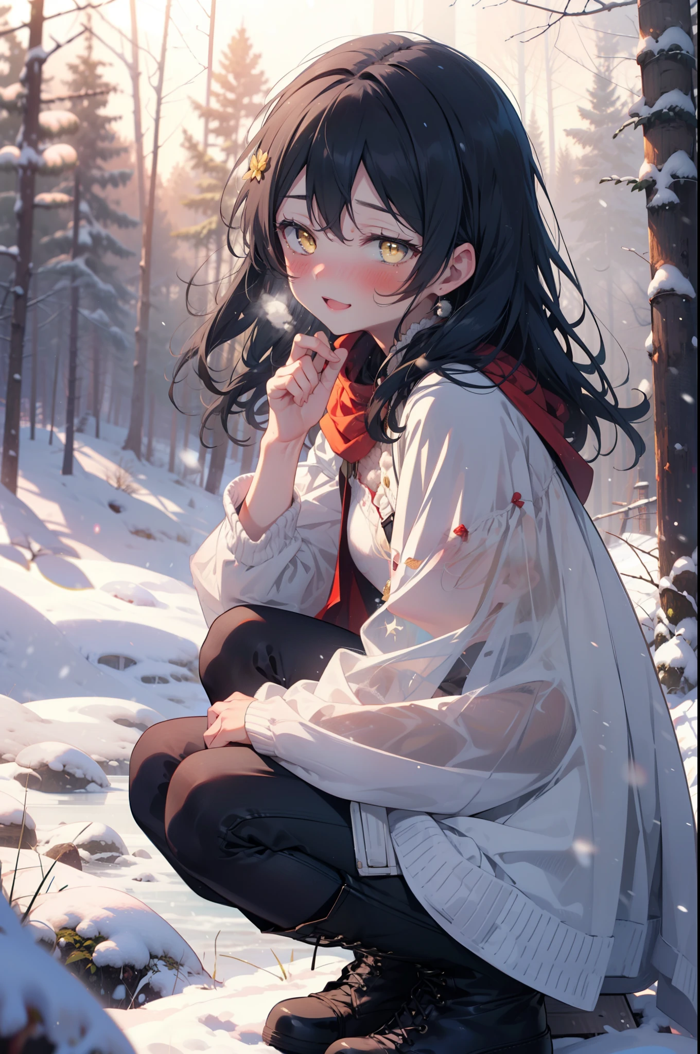 You are very kind, umi sonoda, Long Hair, Blue Hair, (Yellow Eyes:1.5) (Flat Chest:1.2),smile,blush,White Breath,
Open your mouth,snow,Ground bonfire, Outdoor, boots, snowing, From the side, wood, suitcase, Cape, Blurred, Increase your meals, forest, White handbag, nature, Squat, Mouth closed, フードed Cape, winter, Written boundary depth, Black shoes, red Cape break looking at viewer, Upper Body, whole body, break Outdoor, forest, nature, break (masterpiece:1.2), highest quality, High resolution, unity 8k wallpaper, (shape:0.8), (Beautiful and beautiful eyes:1.6), Highly detailed face, Perfect lighting, Extremely detailed CG, (Perfect hands, Perfect Anatomy),