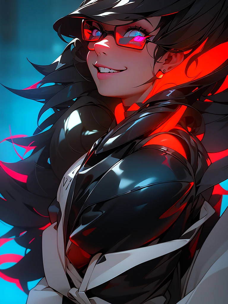 perfil de lado, a Androgynous in a red detalhes neon, Nijiexpressive_VI, hoodie standing ( ( bit flip | god of ai art ) ), beautiful smile mad! android woman, by Ram baleia orca alien, Androgynous character humana, cheio de armas, exoesqueleto cinza, detalhes neon, neon black smoke, naves pequenas ao redor, featured on amiami, trending on artstaion, cd jacket, horrific yet beautiful vibe, sligengine, artstatiom, inspired by Tokyo Ghoul, Niji_smile: 1> formato da imagem 3:4