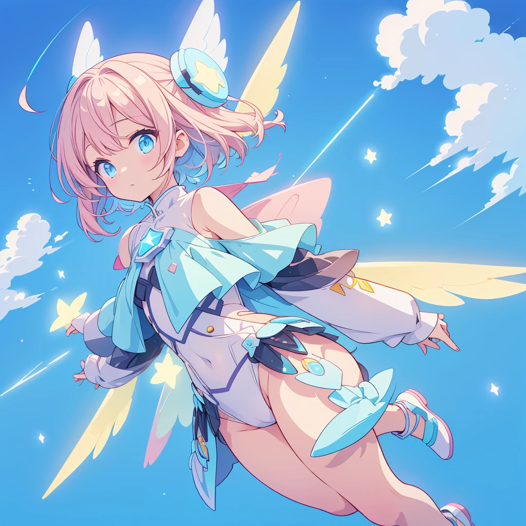 A futuristic flying star-shaped pastel-colored vehicle、kawaii tech,Do not draw people、