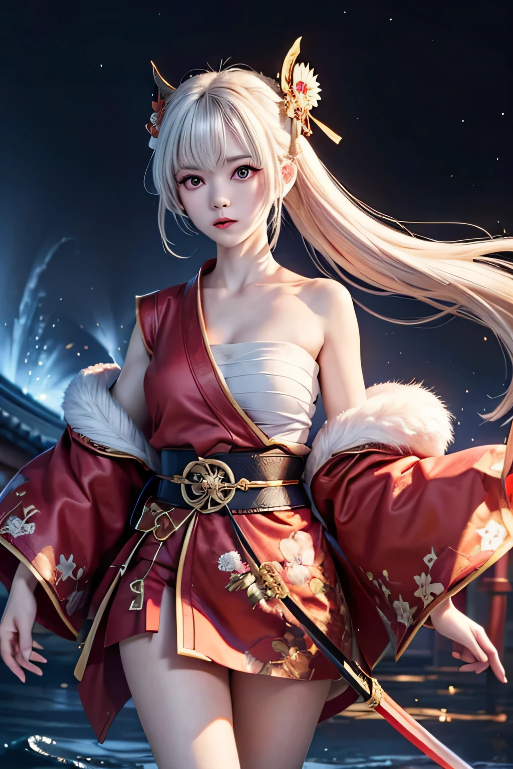 (masterpiece, best quality, dutch angle)(1girl, solo)(white hair, red eyes)(sarashi,japanese clothes,one shoulder、Wear one kimono、One shoulder exposed)(Serious expression, Holding a sword、floating hair)(In front of the samurai residence、Mystical Night、Grains of Light、Space for fantasy)
