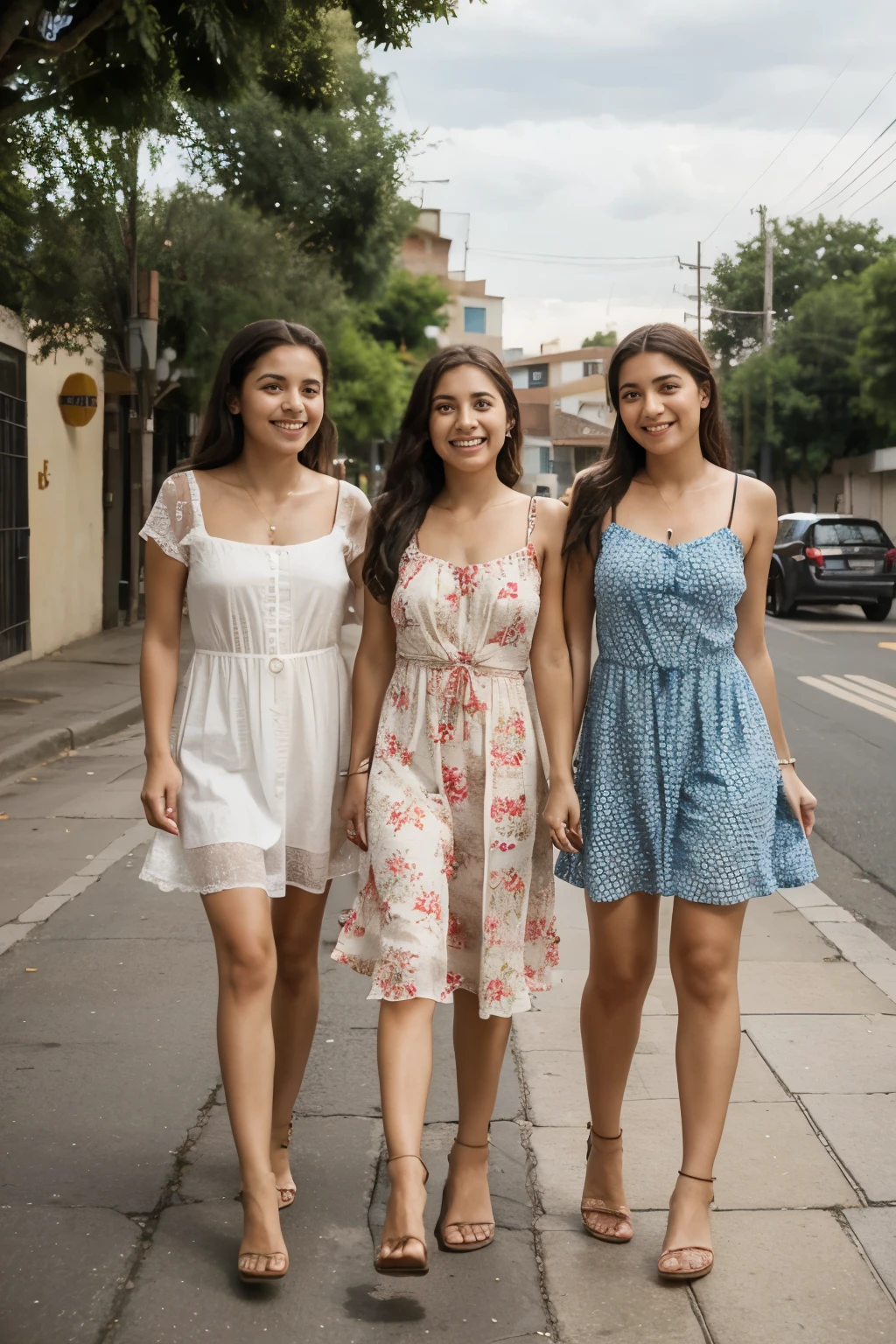 cheerful latina mother and her two 17 years old daughters, wearing short summer dresses, standing on the street