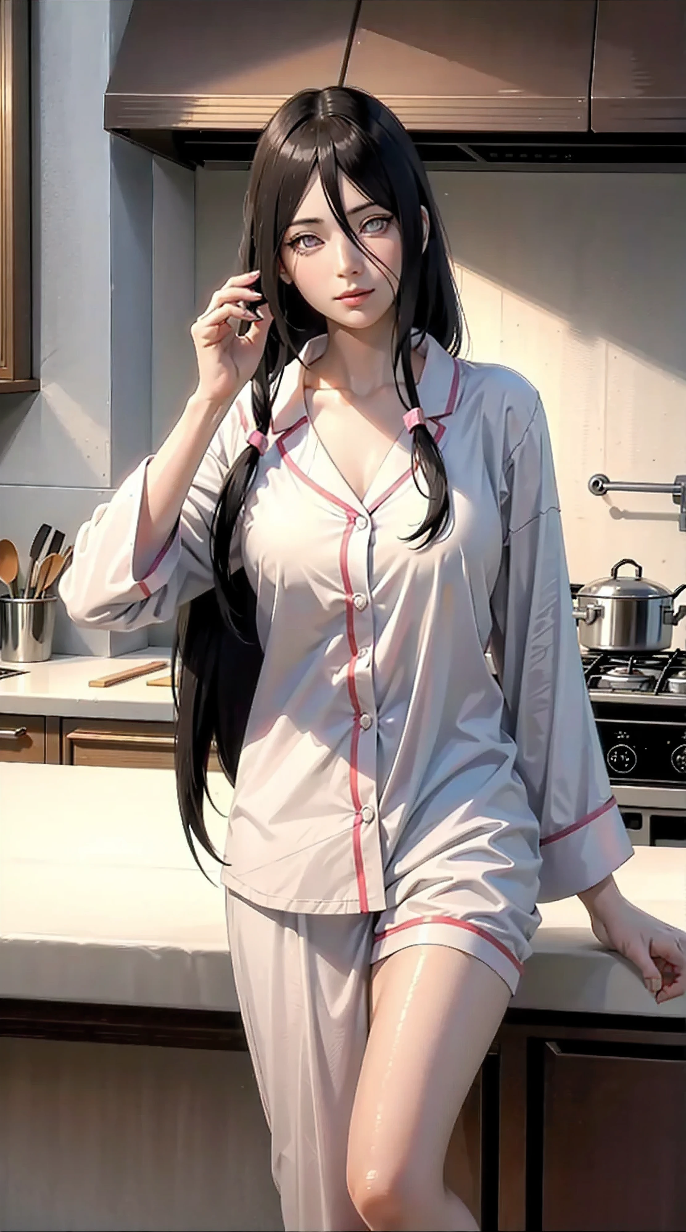 hyuuga hanabi, long hair tied low, hair band, hana purple eyes, beautiful, beautiful woman, perfect body, perfect breasts, wearing white pajamas, pajamas, sleepwear, in the kitchen, clear kitchen, looking at the audience, a slight smile, realism, masterpiece , textured leather, super detail, high detail, high quality, best quality, 1080p, 16k