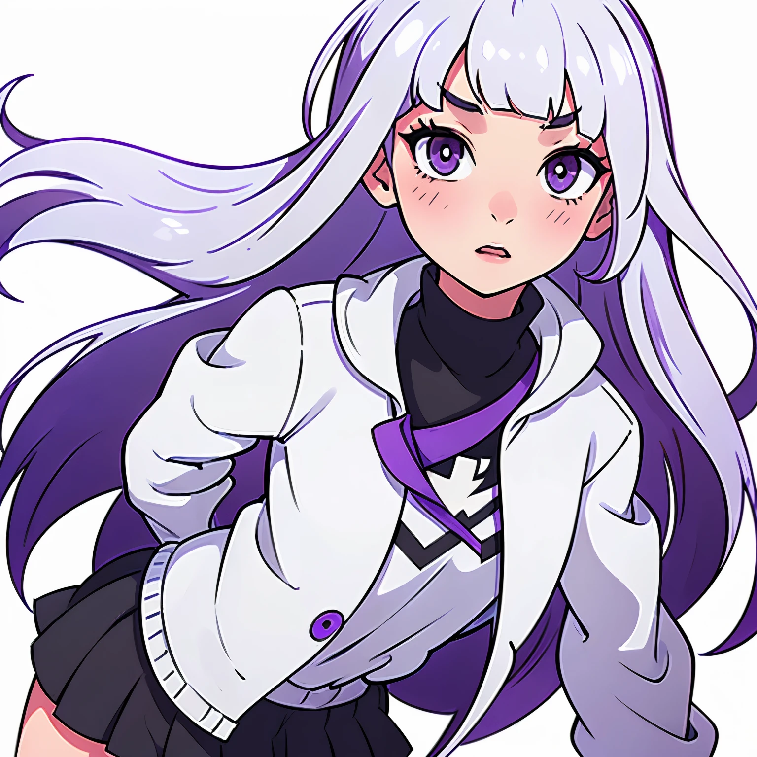 teenage woman with white hair with a slight purple streak wearing a white school shirt and wearing a purple jacket then has purple eyes and wears a short black skirt
