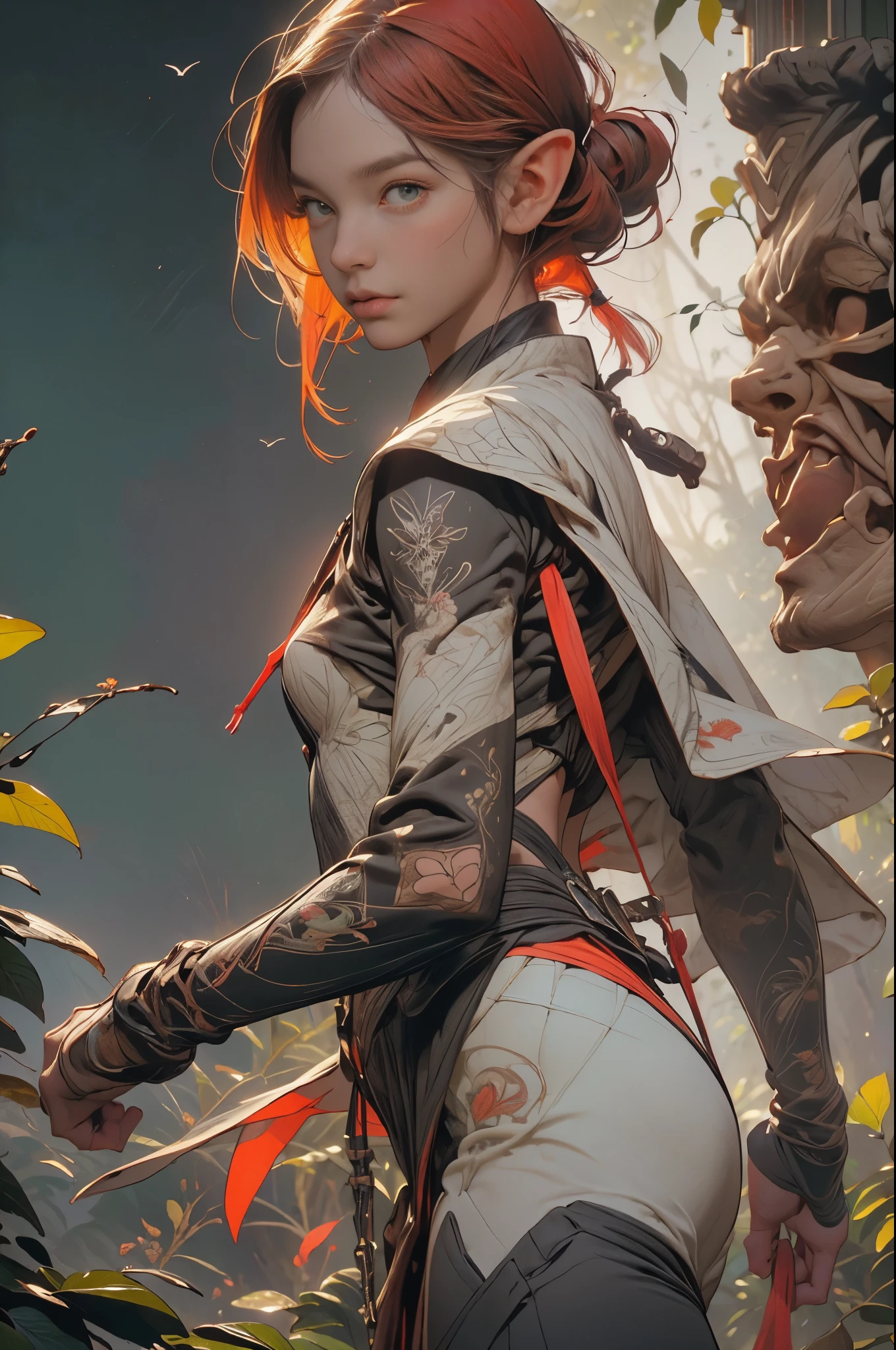 (8K, top quality, masterpiece: 1.2), (realistic, photorealistic: 1.37), Super Detail, one girl, wide viewing angle, Firefly Garden, lots of small weak light and flying fireflies, night. (((masterpiece, best quality))), (elf), (1girl), solo, Bangs, red tinted hair,White cyber Skull armor,long black glovelack pantyhoses,Handsome standing with white boots, art style by Artgerm, by Kawacy, By Yusuke Murata
