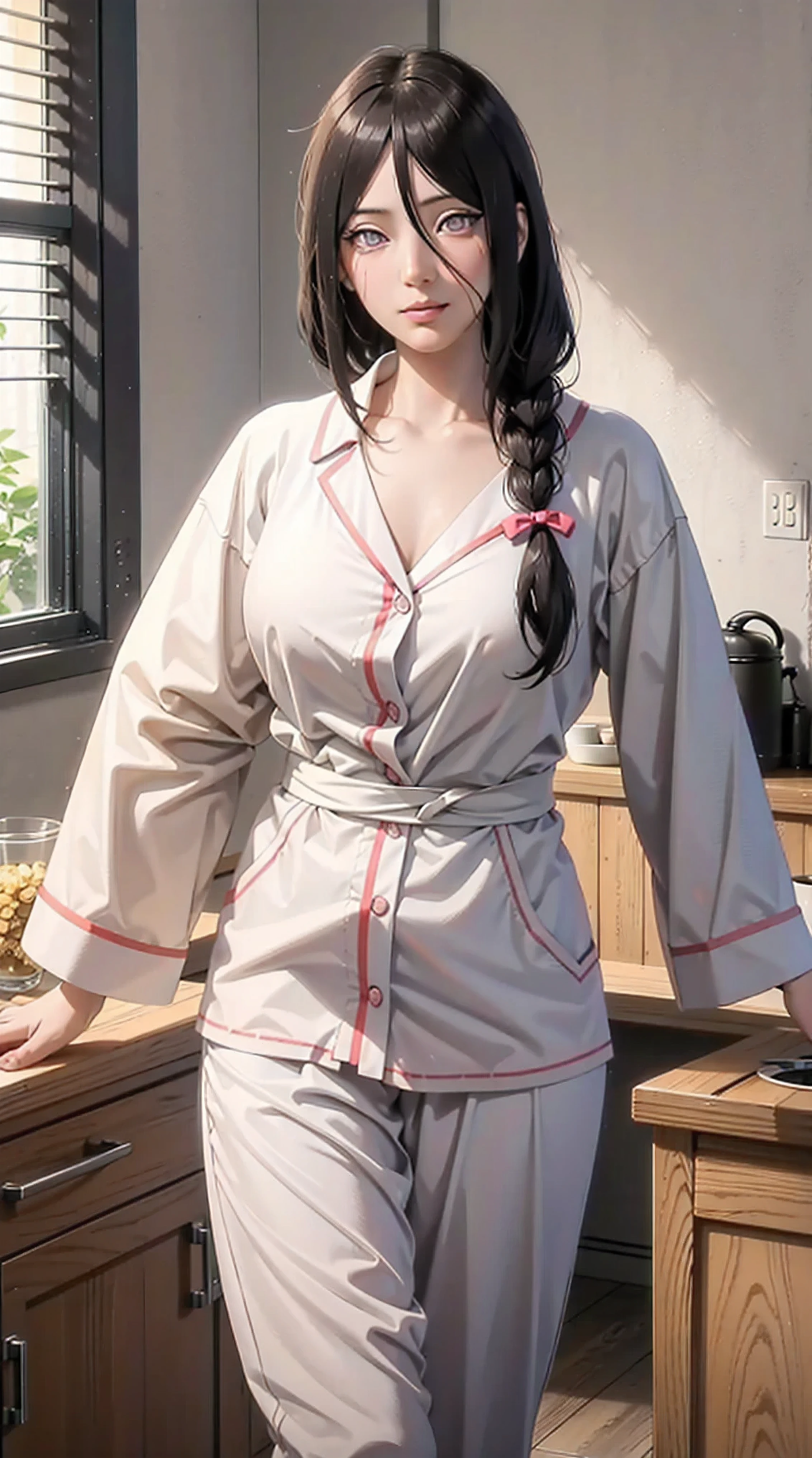hyuuga hanabi, long hair tied low, hair band, hana purple eyes, beautiful, beautiful woman, perfect body, perfect breasts, wearing white pajamas, pajamas, sleepwear, in the kitchen, clear kitchen, looking at the audience, a slight smile, realism, masterpiece , textured leather, super detail, high detail, high quality, best quality, 1080p, 16k