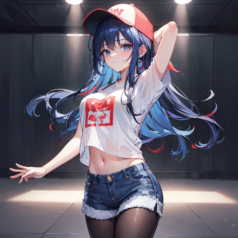 best quality, 4K wallpaper, masterpiece, extremely detailed CG unity 8k wallpaper, extremely detailed eyes, ultra-detailed, 1girl, solo, red + blue + black colored hair, long hair, in dance studio, pantyhose under denim shorts, plain white shirt, sweaty, baseball cap, medium , short shirt, wide view, dancing