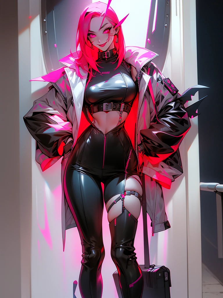 perfil de lado, a Androgynous in a red detalhes neon, Nijiexpressive_VI, hoodie standing ( ( bit flip | god of ai art ) ), beautiful smile mad! android woman, by Ram baleia orca alien, Androgynous character humana, cheio de armas, exoesqueleto cinza, detalhes neon, neon black smoke, naves pequenas ao redor, featured on amiami, trending on artstaion, cd jacket, horrific yet beautiful vibe, sligengine, artstatiom, inspired by Tokyo Ghoul, Niji_smile: 1> formato da imagem 3:4