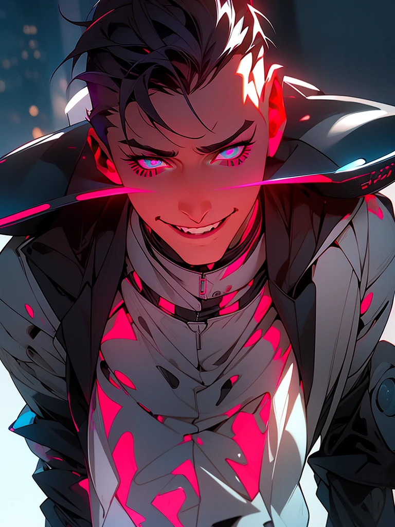 perfil de lado, a Androgynous in a red detalhes neon, Nijiexpressive_VI, hoodie standing ( ( bit flip | god of ai art ) ), beautiful smile mad! android woman, by Ram baleia orca alien, Androgynous character humana, cheio de armas, exoesqueleto cinza, detalhes neon, neon black smoke, naves pequenas ao redor, featured on amiami, trending on artstaion, cd jacket, horrific yet beautiful vibe, sligengine, artstatiom, inspired by Tokyo Ghoul, Niji_smile: 1> formato da imagem 3:4
