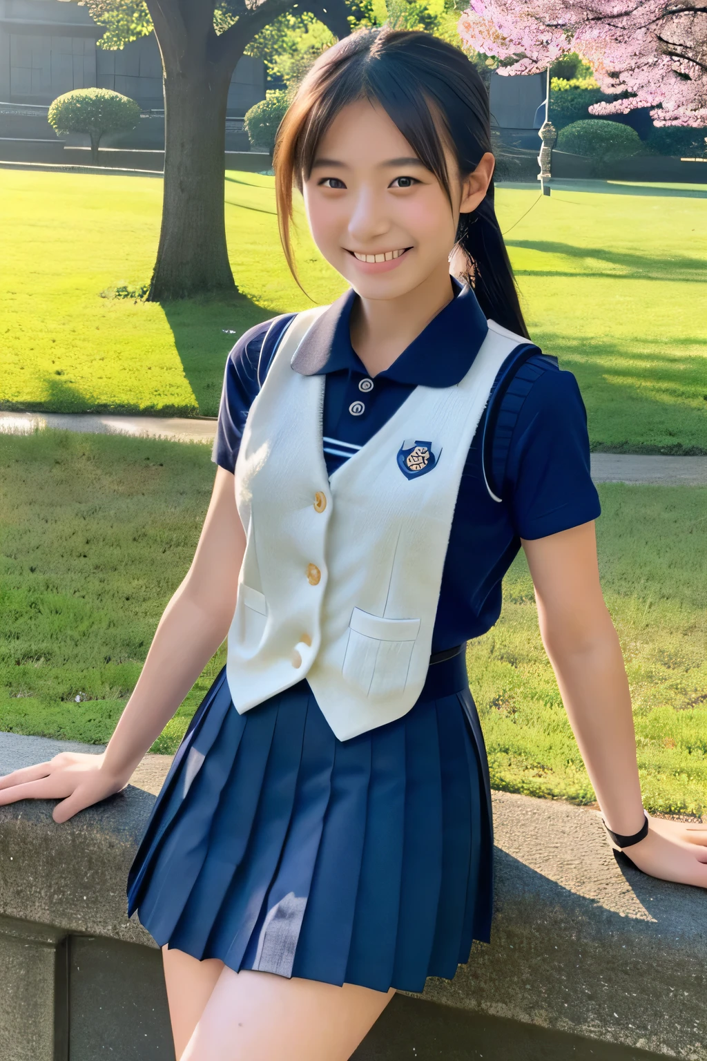 ((masterpiece)), japanese, (a girl), (18 years old), (((school uniform))), smiling, a park, dark blue knit vest, thighs, ponytail, 