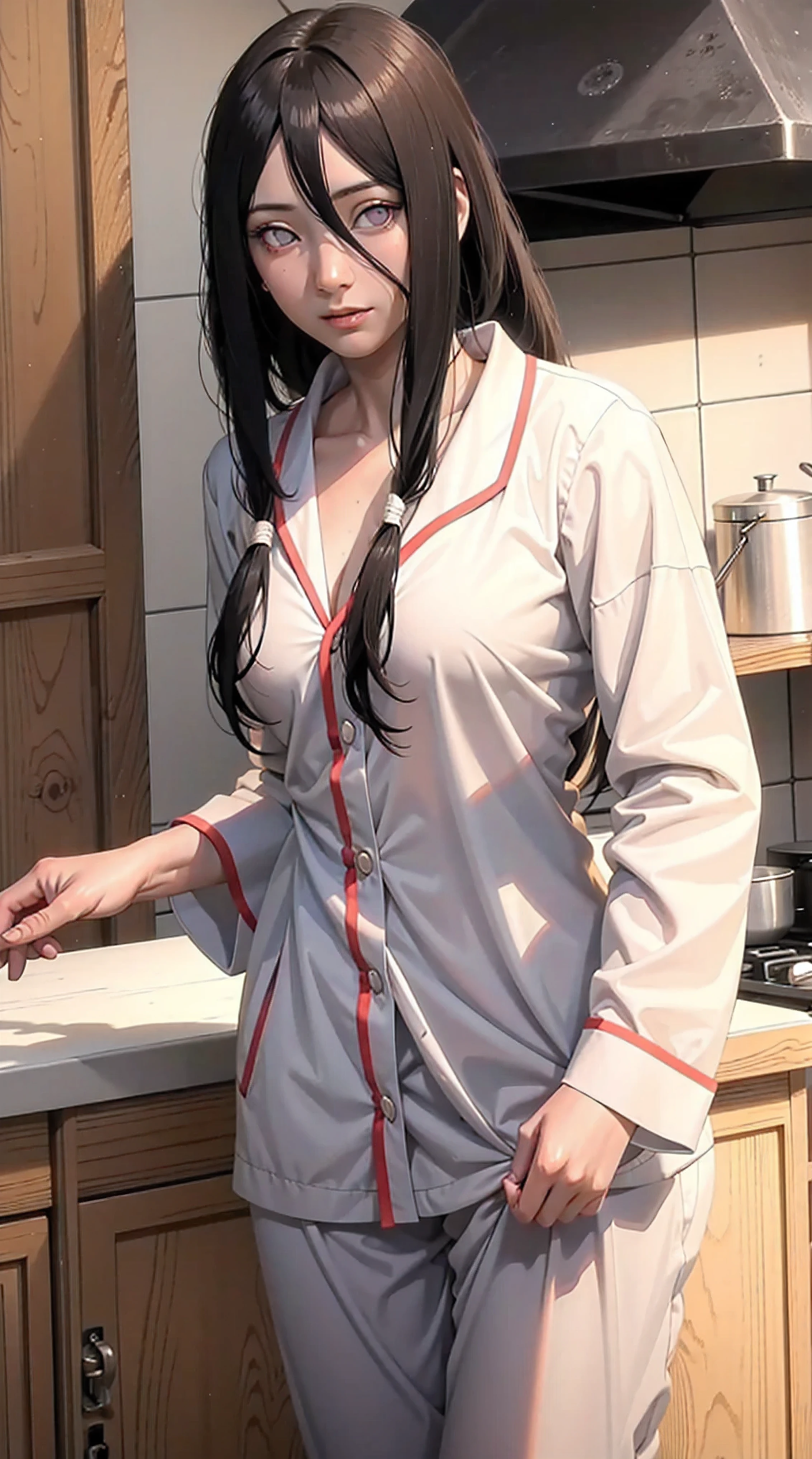 hyuuga hanabi, long hair tied low, hair band, hana purple eyes, beautiful, beautiful woman, perfect body, perfect breasts, wearing white pajamas, pajamas, sleepwear, in the kitchen, clear kitchen, looking at the audience, a slight smile, realism, masterpiece , textured leather, super detail, high detail, high quality, best quality, 1080p, 16k