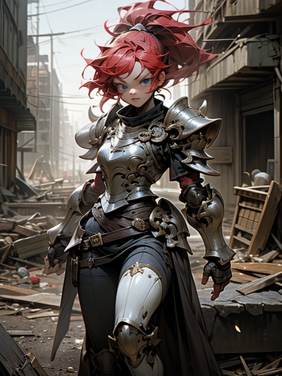 (8k, highest quality, Tabletop:1.2)、Ultra-high resolution, Fantasy world view, One 16-year-old girl, Perfect Fingers, Detailed face, Serious face, blue eyes, Red hair, ponytail,Silver armor, Gauntlet, Iron Skirt, Iron Leg Guards, In the ruined city, The dust rises, dim, carry a sword on one's waist, Arms crossed, upright