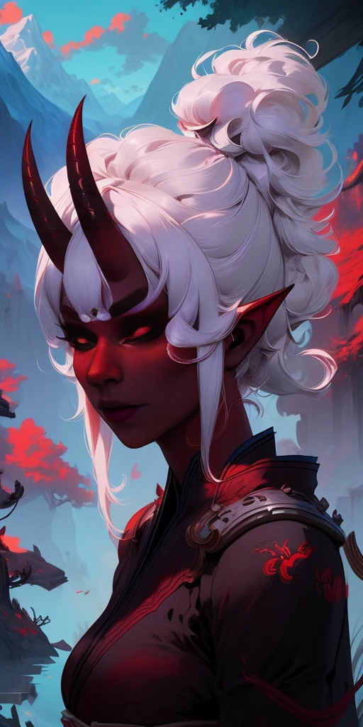 1 girl, (((oni girl))), (((red skin))), horns, white hair, ponytail, (((adventurer outfit))), explorer, researcher, fascinated expression, full body portrait, outside, forest, mountains, butterflies, flowery meadow