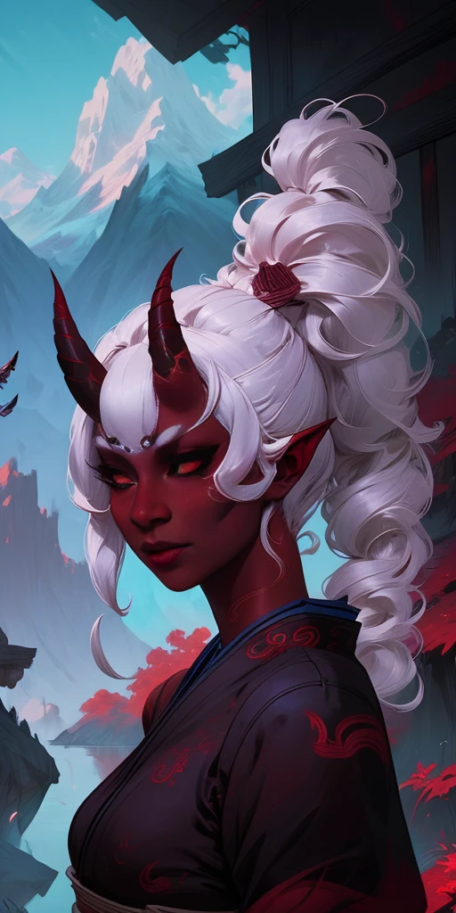 1 girl, (((oni girl))), (((red skin))), horns, white hair, ponytail, (((adventurer outfit))), explorer, researcher, fascinated expression, full body portrait, outside, forest, mountains, butterflies, flowery meadow