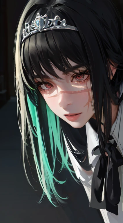 Practical Photos, Lip Gloss, painting, Practical, best quality, Ultra-high resolution, depth, Pastel colors, Natural shade, focus on face, Face only, look at the scene, Long hair, Hair accessories, Black Hair, Brown, detailed eyes, uniform, detailed wallpaper