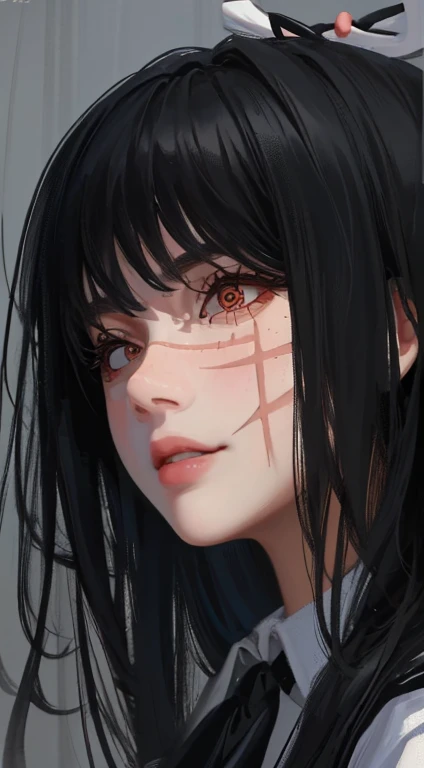 Practical Photos, Lip Gloss, painting, Practical, best quality, Ultra-high resolution, depth, Pastel colors, Natural shade, focus on face, Face only, look at the scene, Long hair, Hair accessories, Black Hair, Brown, detailed eyes, uniform, detailed wallpaper