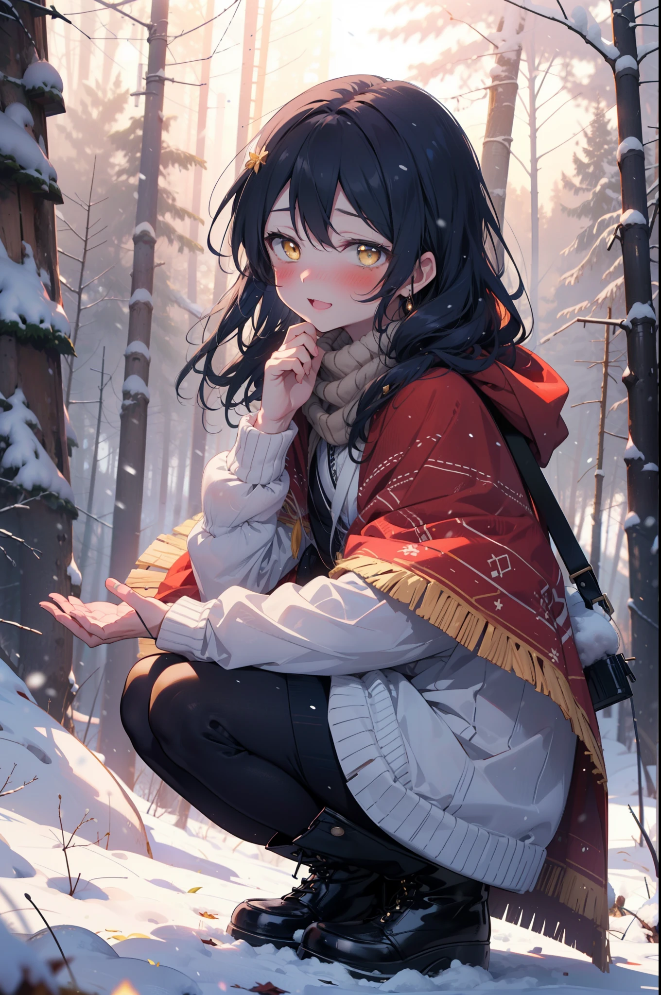 You are very kind, umi sonoda, Long Hair, Blue Hair, (Yellow Eyes:1.5) (Flat Chest:1.2),smile,blush,White Breath,
Open your mouth,snow,Ground bonfire, Outdoor, boots, snowing, From the side, wood, suitcase, Cape, Blurred, Increase your meals, forest, White handbag, nature,  Squat, Mouth closed, フードed Cape, winter, Written boundary depth, Black shoes, red Cape break looking at viewer, Upper Body, whole body, break Outdoor, forest, nature, break (masterpiece:1.2), highest quality, High resolution, unity 8k wallpaper, (shape:0.8), (Beautiful and beautiful eyes:1.6), Highly detailed face, Perfect lighting, Extremely detailed CG, (Perfect hands, Perfect Anatomy),