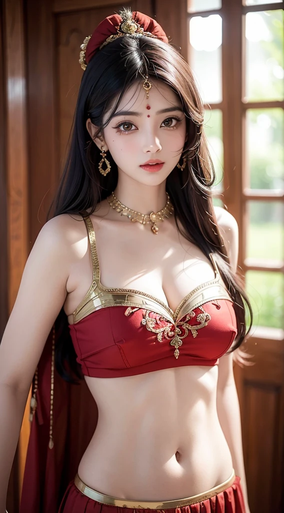 Une femme en sari posant pour une photo, Indian, traditional beauty, Indien, beautiful girl, red Ornate Cosplay, en tailleur, Super mannequin indien, Belle jeune fille, femme magnifique, Asie du Sud-Est avec Long, Indien provocateur, magnifique belle femme, Tenue complexe, Hindu aesthetics, belle fille asiatique, Extremely detailed shot of the girl, jaw dropping beauty, Big breasts deep neckline sexy navel