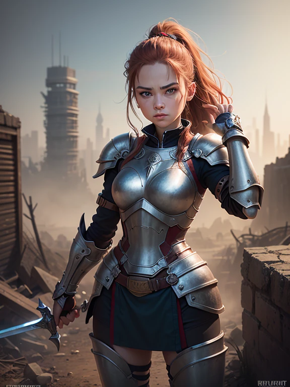 (8k, highest quality, Tabletop:1.2)、Ultra-high resolution, Fantasy world view, One , Perfect Fingers, Detailed face, Serious face, blue eyes, Red hair, ponytail,Silver armor, Gauntlet, Iron Skirt, Iron Leg Guards, In the ruined city, The dust rises, dim, carry a sword on one's waist, Arms crossed, upright