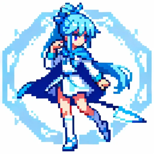 Pixel art, full body, facing left (important), bright blue and white, holding a large sickle in both hands, magical girl, long ponytail, ribbon, loose clothing, cloak. Hair color: Soft, pale blue hair. Eye color: pink eyes. Clothes: Clothes based on white and blue. She wears a blue cloak over a white shirt and blue miniskirt. Accessories: Blue flower decoration on the right side of the hair. Weapon: A sickle with blue and white decoration.