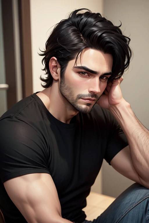 Masterpiece high quality high details realistic face ultra realistic face handsome guy with small black hair and little beard wearing black shirt and jeans and face profile