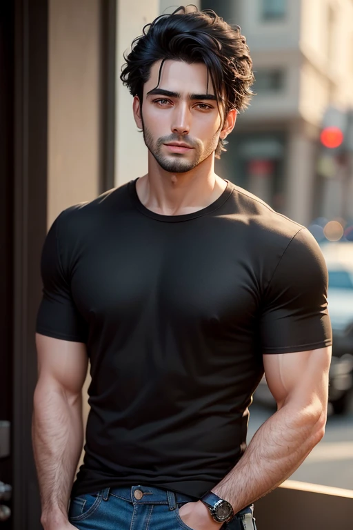 Masterpiece high quality high details realistic face ultra realistic face handsome guy with small black hair and little beard wearing black shirt and jeans and face profile